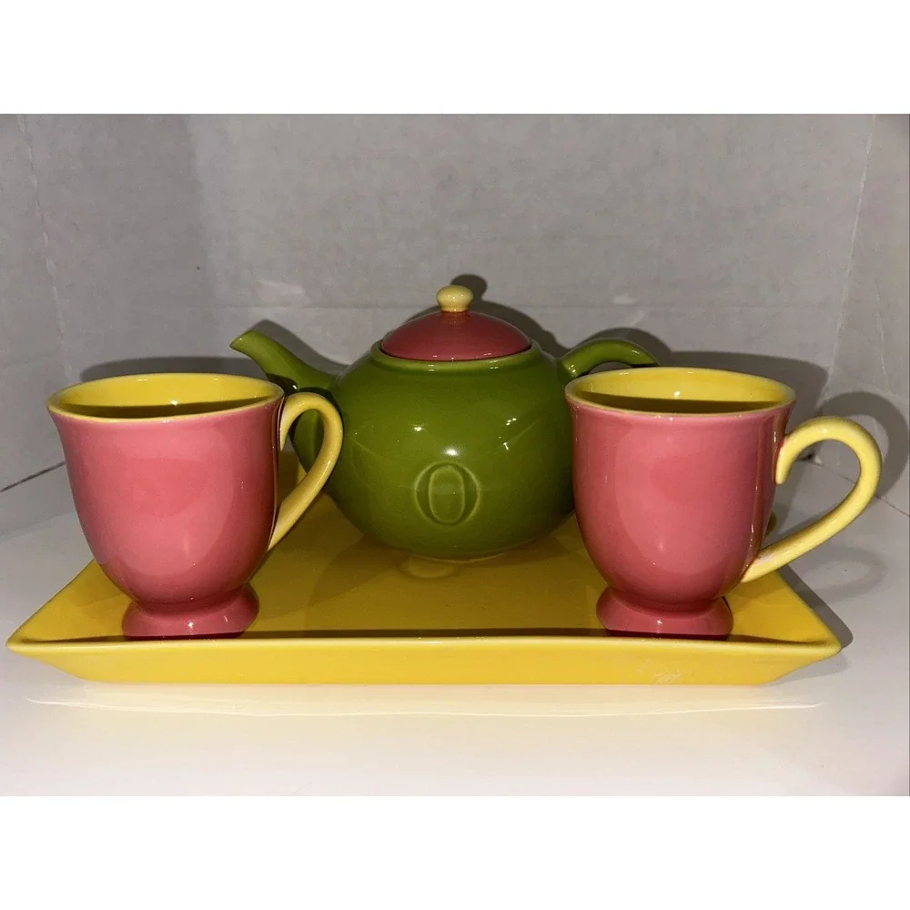 Tea Set Teapot‎ Two Mugs & Tray Green Pink Yellow Color Block 4pc Oprah Winfrey